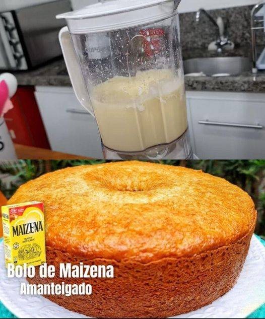 Pode ser uma imagem de bolo e texto que diz "MAIZENA Bolo de Maizena Amanteigado"